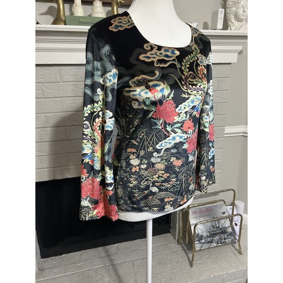CLIO Vintage 90s Y2K Japanese Floral Velvet Velour Rhinestone Bell Sleeve Top M - Picture 2 of 6